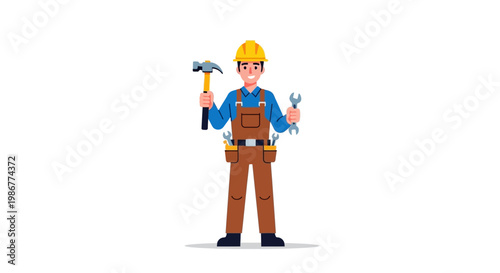 A smiling construction engineer character illustration, holding a hammer and wrench, wearing a yellow hard hat and brown overalls, against a clean white background in a flat, vector design