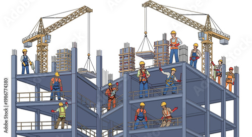 Vector illustration of construction workers on a building site, each a unique character, working on a steel framework under two cranes against a clean white background