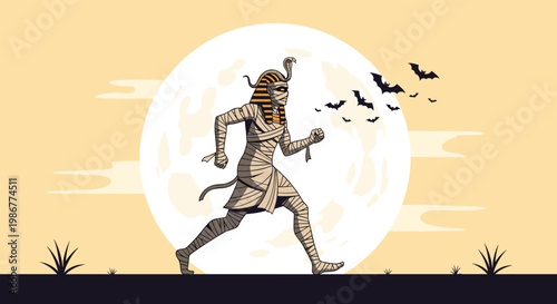 Spooky ancient mummy running through a desert landscape under the light of a giant full moon with bats flying in the sky.