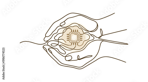 Continuous line drawing of two cupped hands gently cradling a glowing microchip within a minimalist white space featuring soft brown ink stroke textures.