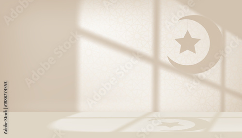 Ramadan background with crescent moon,star shadow on geometric Islamic pattern wall,Soft sunlight through window, warm beige tones,Elegant copy space for greeting banner,spiritual calm atmosphere