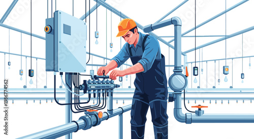 Skilled technician wearing a bright orange hard hat carefully adjusts a complex industrial valve system inside a large-scale modern greenhouse facility.