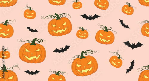 Cheerful Halloween seamless pattern with various sizes of carved pumpkins and flying black bats on a light peach background.