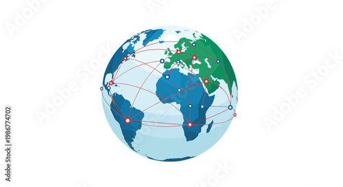 Low-poly spherical globe displays intricate red connection lines linking major geographic nodes across a clean and bright white studio environment surface.