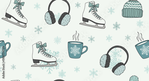Cozy winter themed seamless pattern featuring ice skates, fluffy earmuffs, warm hats, and mugs of hot cocoa with snowflakes.