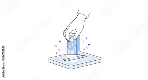 Minimalist line art illustration showing a hand inserting a credit card into a digital payment terminal in a bright white space with blue accents.
