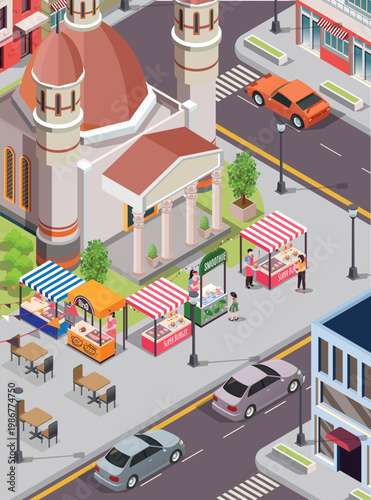 Isometric view of a Ramadan bazaar next to a mosque with minarets, featuring food vendors, cars on the road, and outdoor seating.