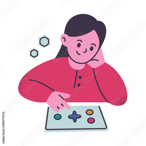 Young girl character sitting with tablet, flat cartoon child learning and playing educational games. Math and school activities, kids digital education vector illustration
