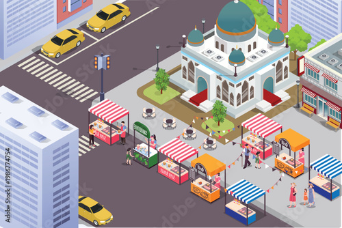 Isometric illustration of a vibrant street food market in front of a blue domed mosque with city traffic and people.