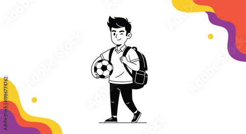 Cheerful schoolboy with a backpack winking and holding a soccer ball as he walks home from school or practice.
