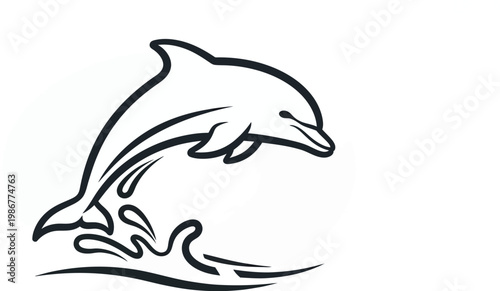 Elegant stylized illustration of a jumping dolphin created with clean bold black lines isolated on a simple light gray background