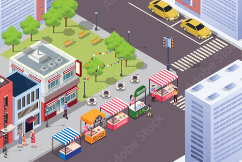 Isometric urban city park with street food stalls, food bazaar, and pedestrian activities near office buildings.