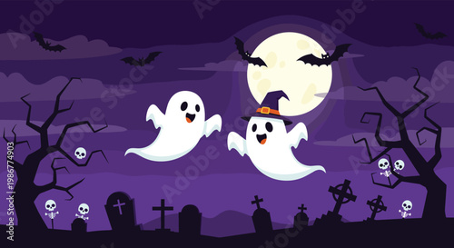 Two friendly white ghosts floating through a spooky graveyard at night under a giant full moon with bats and dead trees.