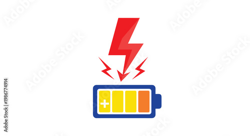 Red lightning bolt strikes a partially charged battery icon with yellow and orange segments against a stark and clean white background for energy themes.
