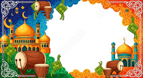 Festive Ramadan frame with mosques, drums, and ketupat