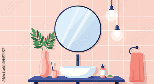 Minimalist bathroom interior design with a round mirror, white bowl sink on a dark blue counter, and pink tile walls.