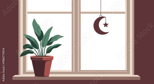 Serene indoor scene of a large green potted plant sitting on a wooden windowsill next to a hanging crescent moon ornament.