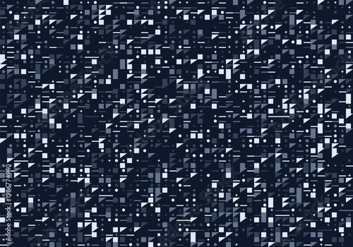 Abstract geometric pattern with small squares triangles and circles in various shades of blue and white