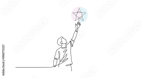 Single continuous line drawing depicts a person reaching upward toward a glowing multi-colored star floating within a pristine and empty white background.