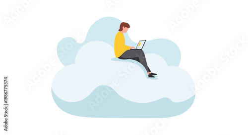 Focused professional sits comfortably atop a massive fluffy white cloud while typing on a sleek laptop within a serene and airy digital sky environment.