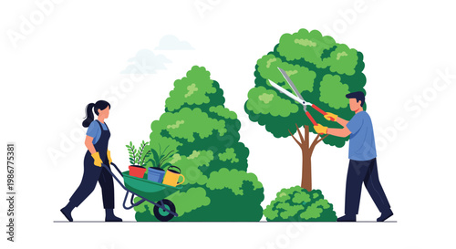 Team of two gardeners working together in a park with the woman pushing a wheelbarrow and the man pruning a tree.