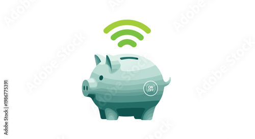 Light blue piggy bank featuring a visible on/off button and a green Wi-Fi signal icon floats on a clean bright white minimalist studio background area.