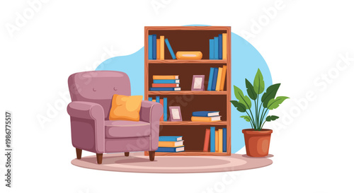 Cozy interior scene featuring a purple armchair with a yellow pillow next to a wooden bookshelf and a potted plant.