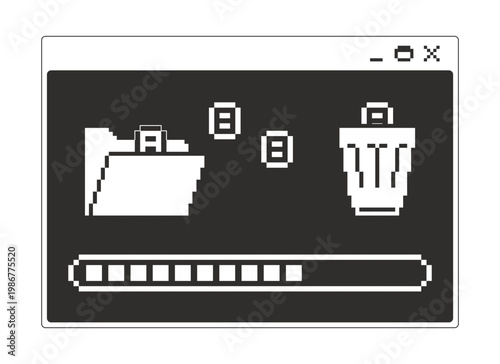 File delete process monochrome pixel pop-up window. Remove action. Progress bar. Documents from folder cleanup. Trash bin. Pixelated blocky interface design. Retro 16bit UI overlay. Solid web popup