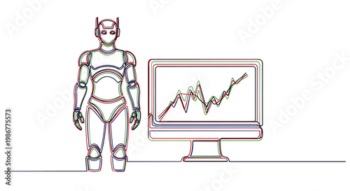 Humanoid robot stands beside a large computer monitor displaying complex, multi-colored line graphs set against a clean, minimalist white background area.