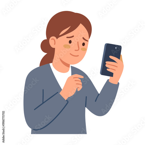 Woman looks concerned while checking her phone indoors