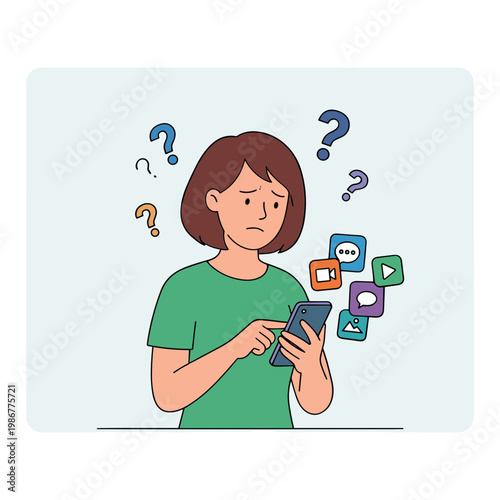 A woman is puzzled while using her smartphone with question marks floating around.