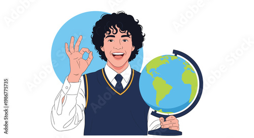 Happy young student with curly hair holding a world globe and making an okay sign in front of a blue circle background.