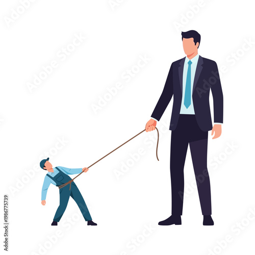 Giant businessman leading tiny worker on a leash, concept of power imbalance and control