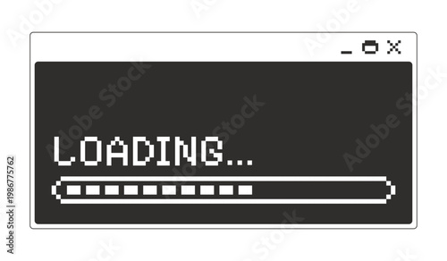 Loading bar process monochrome pixel pop-up window. System progress status. Data processing indicator. Loader panel. Pixelated blocky interface design. Retro 16bit UI overlay. Solid web popup