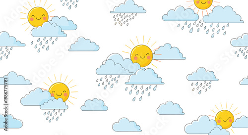 Adorable seamless pattern of smiling sun characters and blue clouds with raindrops on a plain white background.