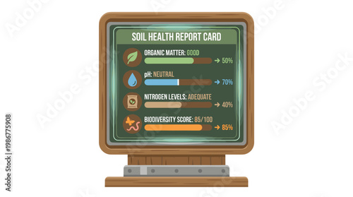 Detailed wooden board displays a comprehensive soil health report card with four vibrant progress bars and clear metrics in a bright agricultural setting.