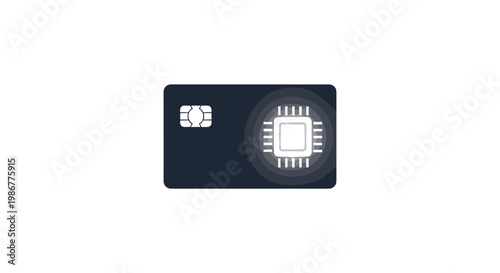 Dark-colored smart card features a standard EMV chip and a glowing, stylized central processor chip icon on its surface against a clean white background.