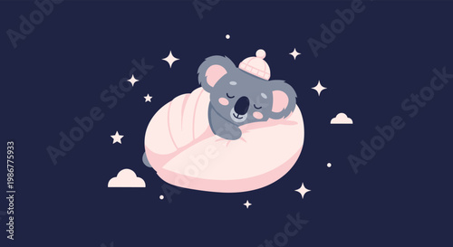Adorable illustration of a cute koala sleeping peacefully on a soft pink pillow under a starry night sky with clouds.