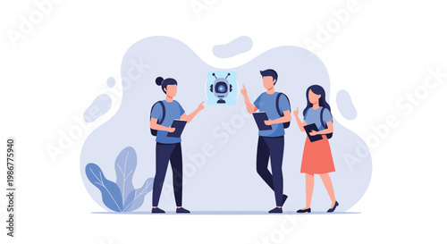 Three diverse university students engage with a floating holographic robot interface within a serene academic environment featuring soft lavender aesthetics.