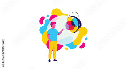 A solitary student interacts with a vibrant swirling abstract geometric interface element inside a bright room characterized by warm beige color tones.