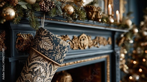 Elegant Christmas Stocking Hanging on Fireplace with Gold Ornaments Decoration