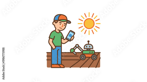 Young male programmer holds a sleek smartphone while monitoring a small robotic device on a brown field under a bright sun in a digital farming landscape.