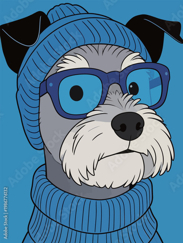 Hipster Schnauzer Dog in Blue Knit Hat and Glasses