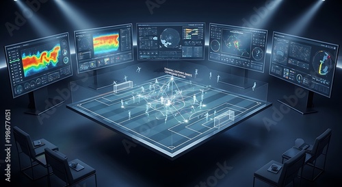 Futuristic control room, smart city infrastructure, data visualization screens, urban planning technology