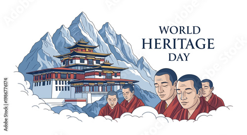 Illustrative vector design celebrating World Heritage Day, featuring Indian historical monuments and traditional architecture, set against a backdrop of majestic mountains