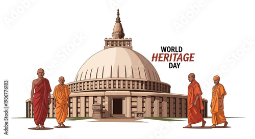 Vector illustration commemorating World Heritage Day features robed monks walking near an ancient stupa, showcasing Indian cultural heritage sites against a clean white background