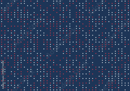 Abstract pattern of scattered white and red star shapes on a dark blue background