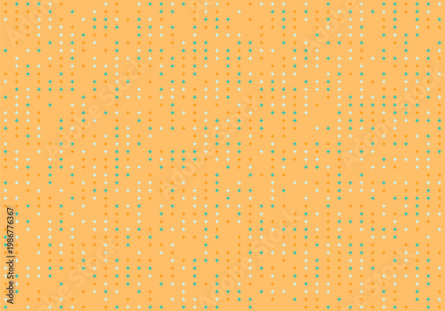 Seamless abstract pattern with scattered fourpointed star shapes in blue and orange colors on a light orange background