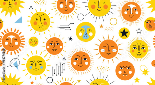 Playful seamless pattern featuring various sun characters with diverse facial expressions and abstract geometric shapes.