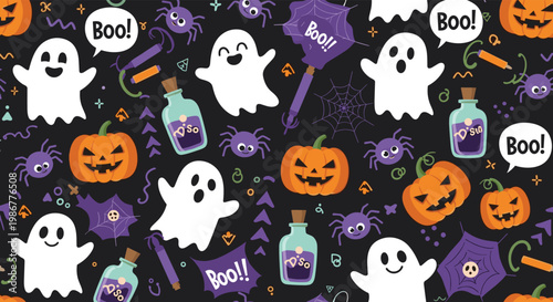 Fun seamless Halloween pattern with happy ghosts, carved pumpkins, spiders, and magic potions on a dark background.